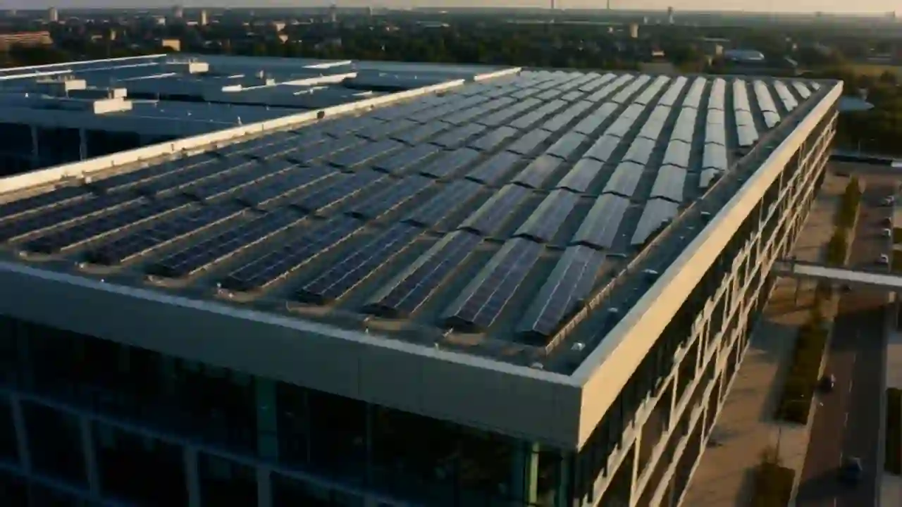 Vista aérea ilustrativa de uma cobertura industrial coberta por módulos fotovoltaicos