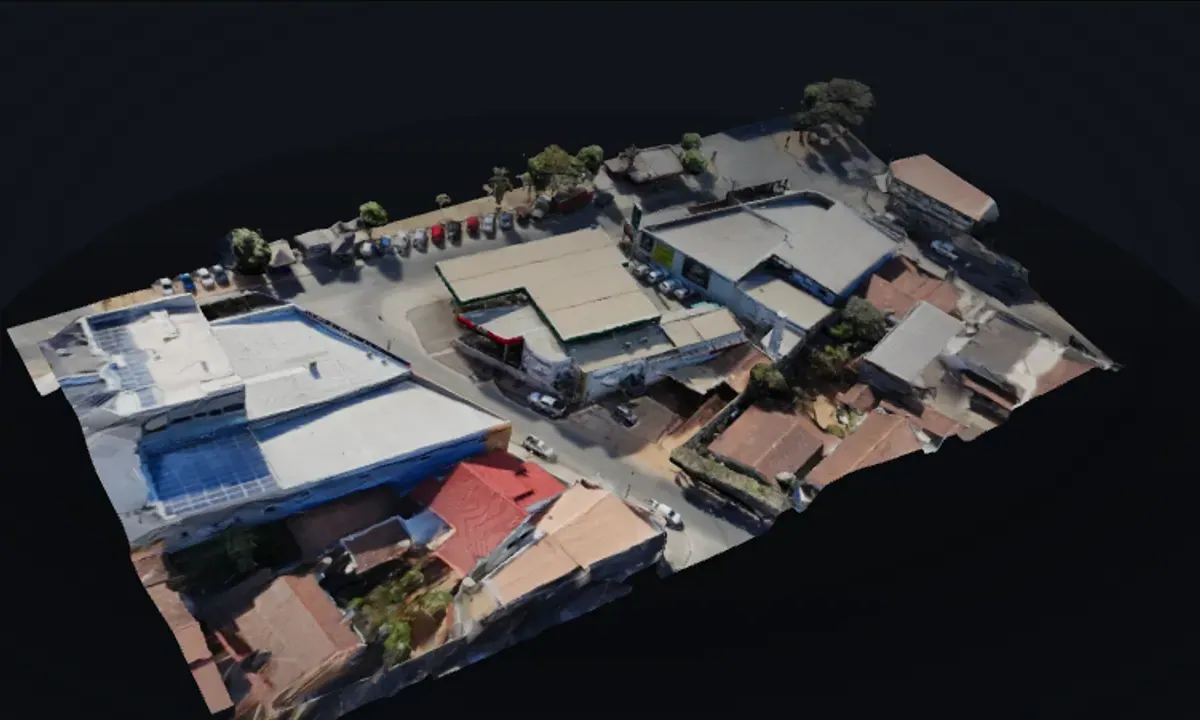 Modelo tridimensional de um conjunto de coberturas comerciais, reconstruído por fotogrametria