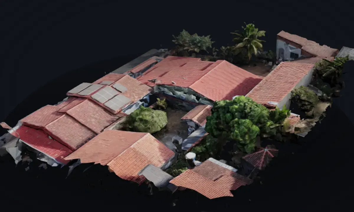 Modelo tridimensional: Residência levantada por drone, com os módulos já instalados na água voltada ao norte.